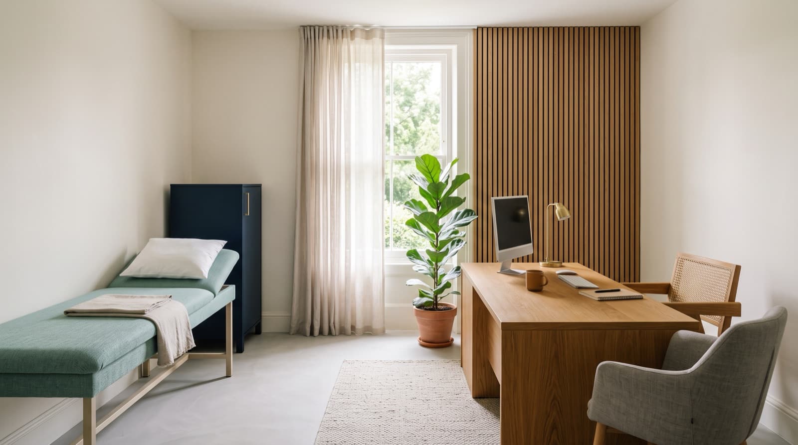 Consultorio médico contemporáneo con luz natural, mobiliario de madera y detalles en verde agua.
