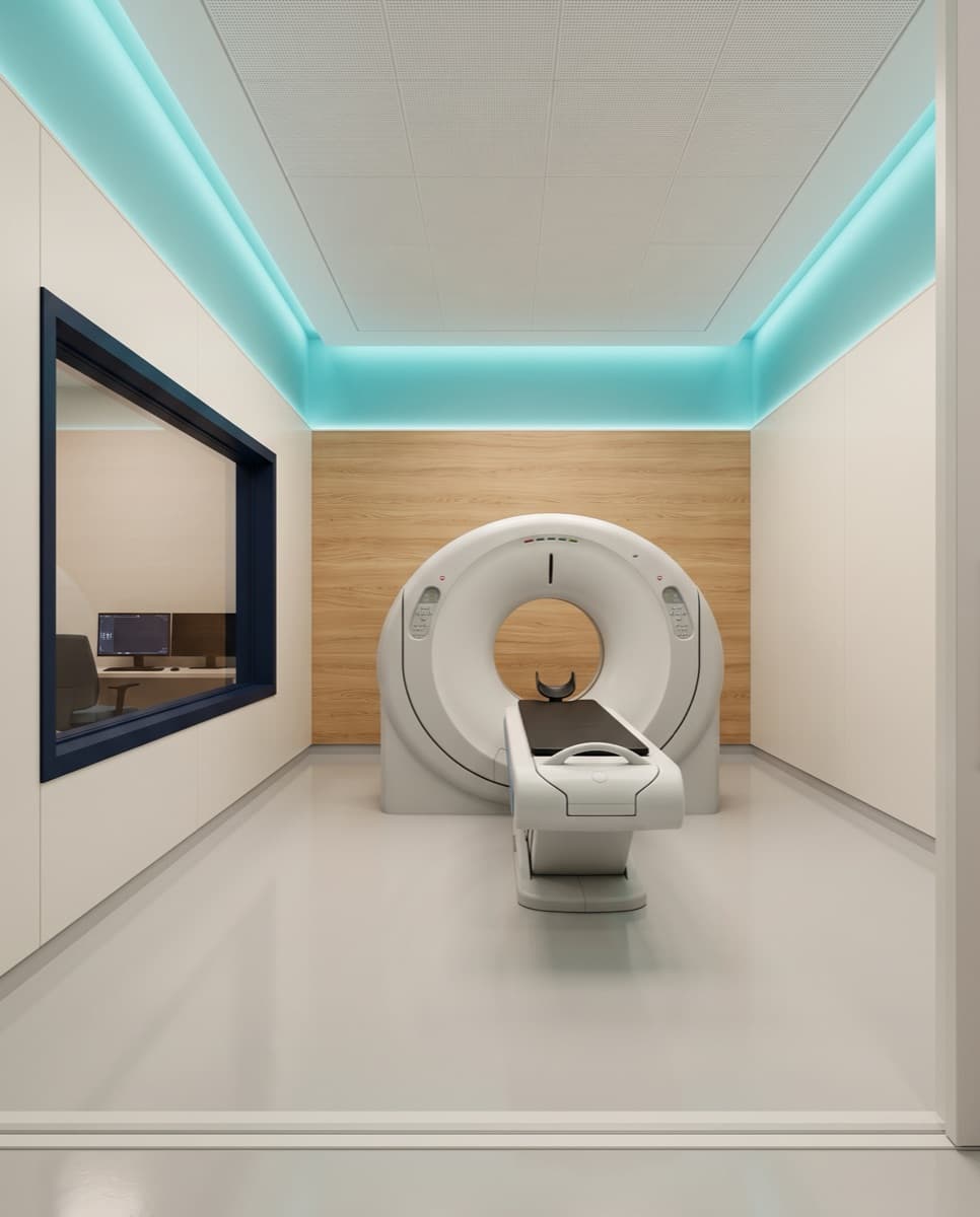 Sala de imagenología con tomógrafo, iluminación indirecta turquesa y ventanilla de control en azul marino.